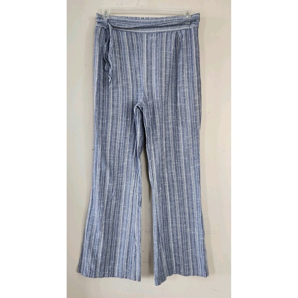 Deja Bleu Pants - Deja Bleu Womens XL Striped Blue White Striped Linen Wide Leg Pants Belted Beach